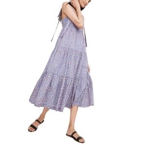 Madewell Blue Floral Tiered Midi Dress Womens M Tie Shoulder Smocked Back Cotton